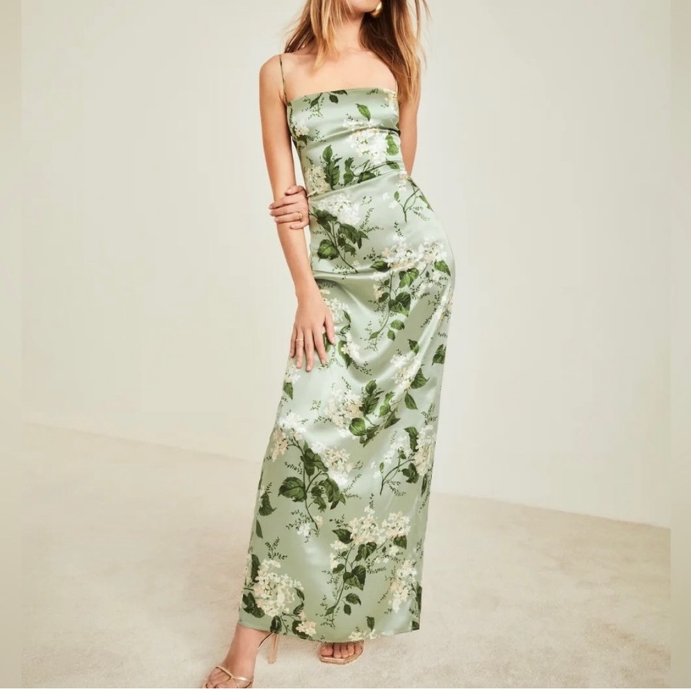 Reformation Frankie Silk Dress in Tea Garden